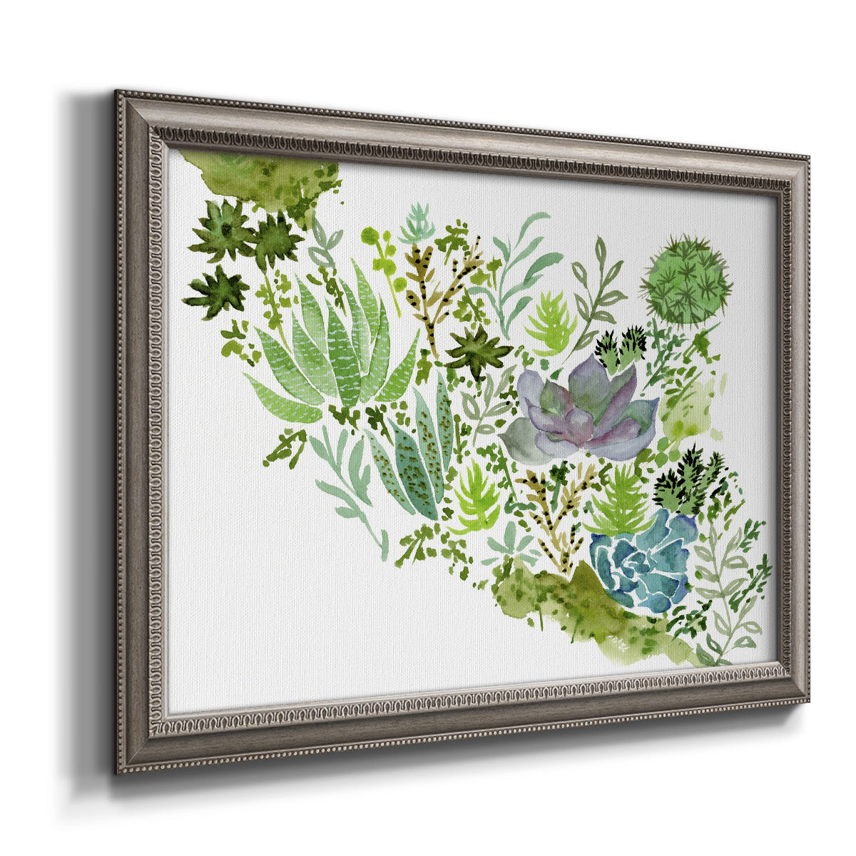Contemporary abstract succulent botanical watercolor printed on canvas in an ornate vintage silver frame.