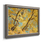 Vibrant yellow autumn leaves on branches printed on canvas in an ornate vintage silver frame.