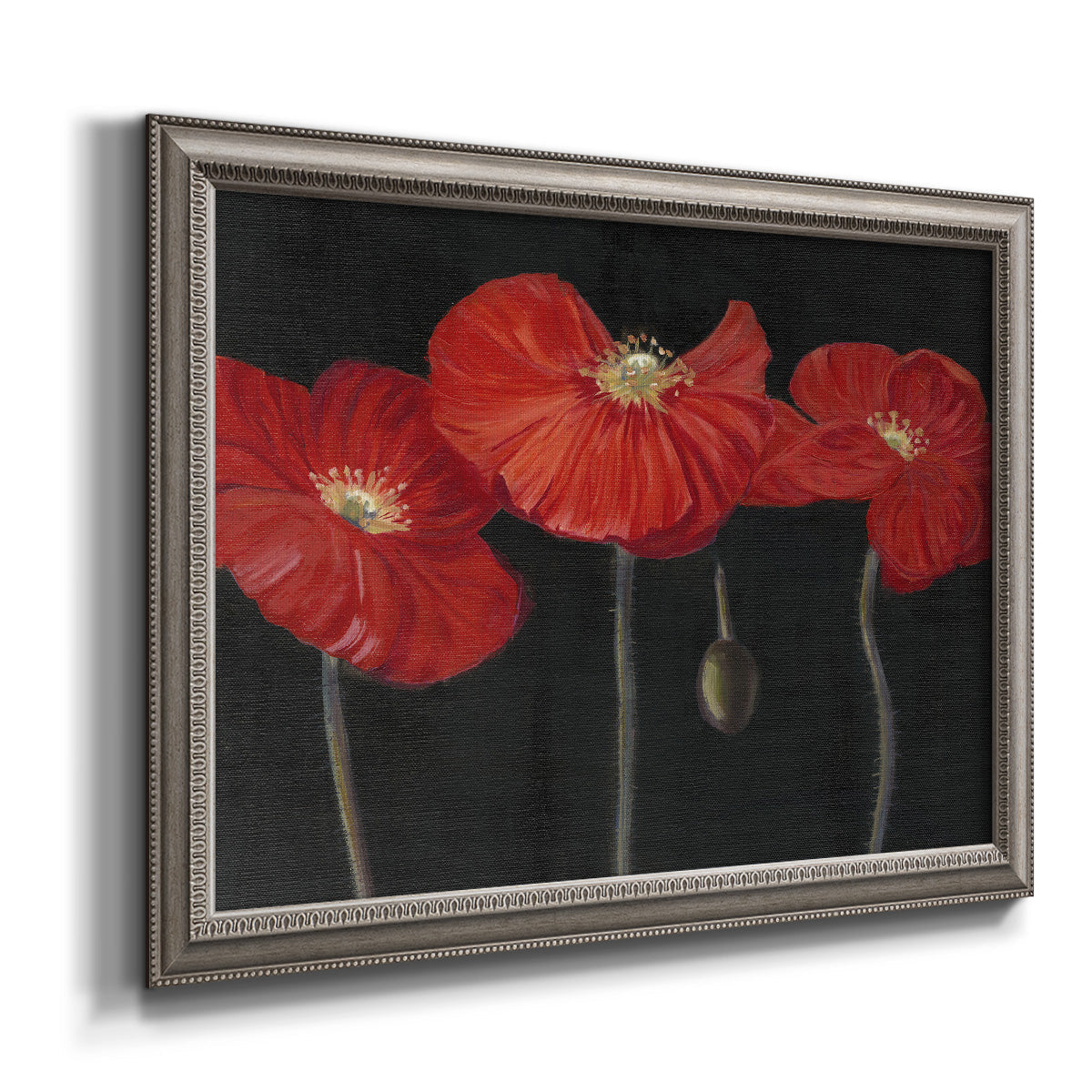 Modern red poppy floral artwork printed on canvas in an ornate vintage silver frame.