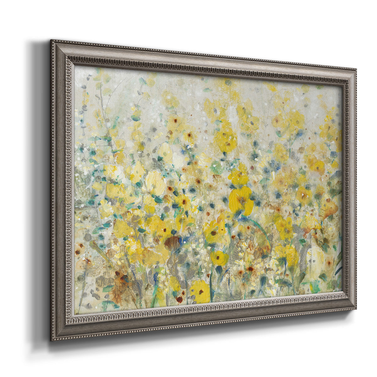 French country floral garden artwork printed on canvas in an ornate vintage silver frame.