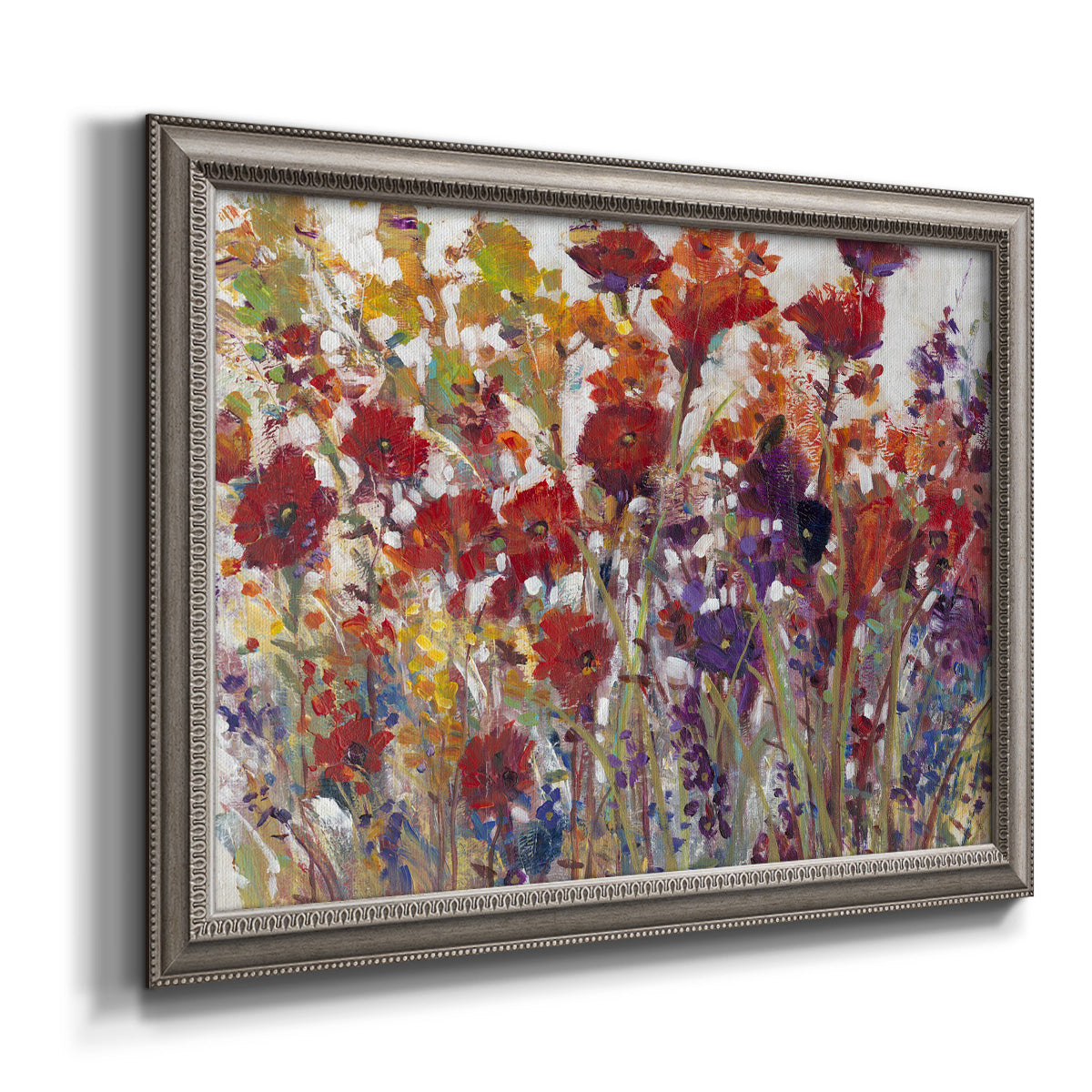 French country floral bouquet painting printed on canvas in an ornate vintage silver frame.