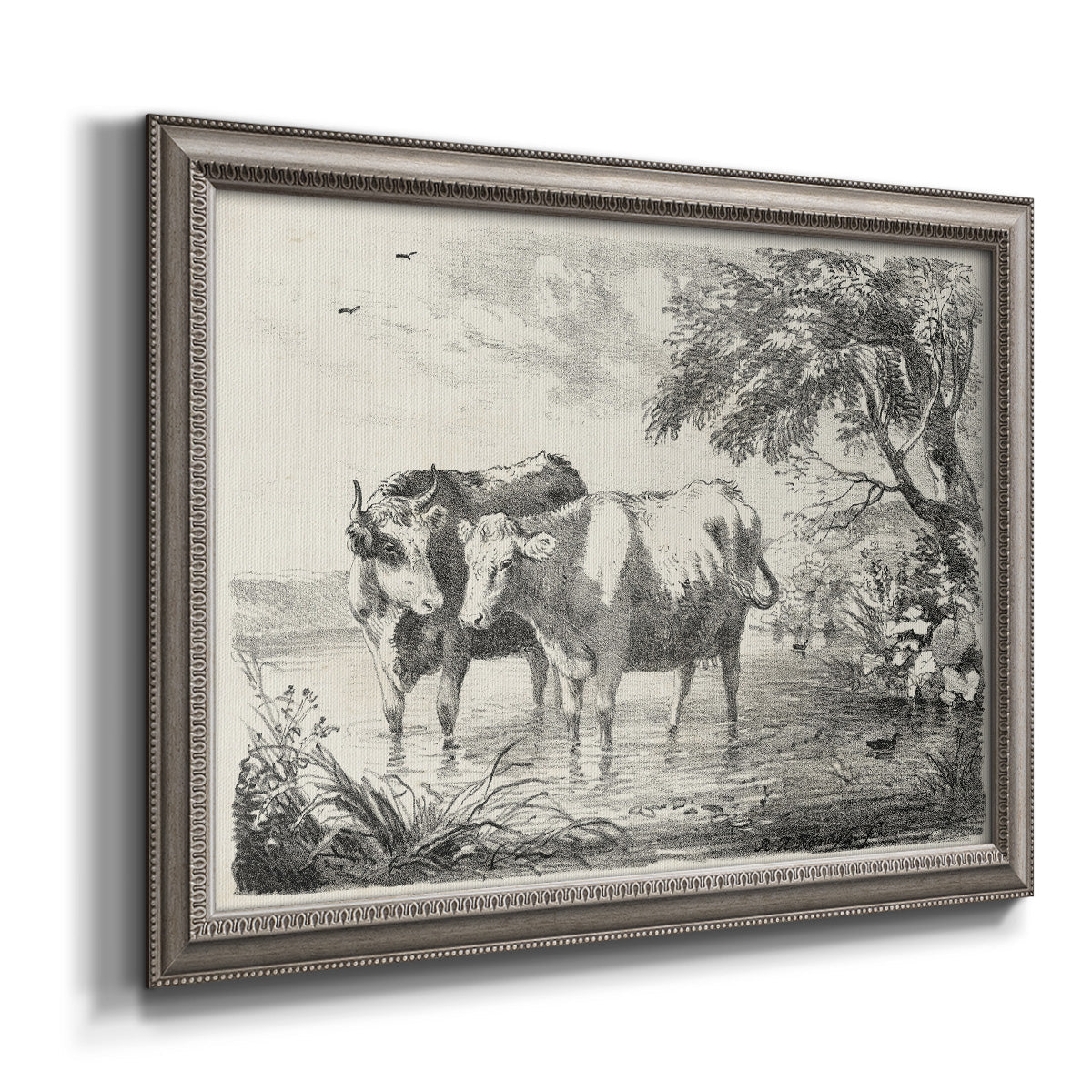 Classical countryside landscape artwork by Nicolas Berchem printed on canvas in an ornate vintage silver frame.