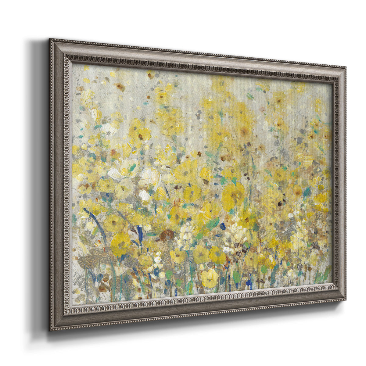 Impressionist floral garden painting printed on canvas in an ornate vintage silver frame.
