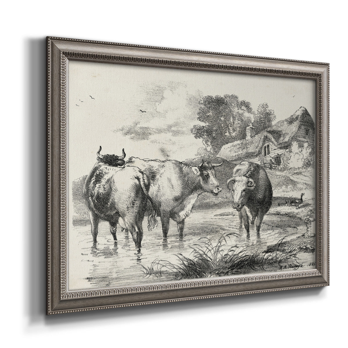 Classical rural landscape artwork by Nicolas Berchem printed on canvas in an ornate vintage silver frame.
