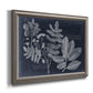 Antique botanical foliage artwork on navy background printed on canvas in an ornate vintage silver frame.