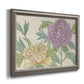 Contemporary peony flower illustration printed on canvas in an ornate vintage silver frame.