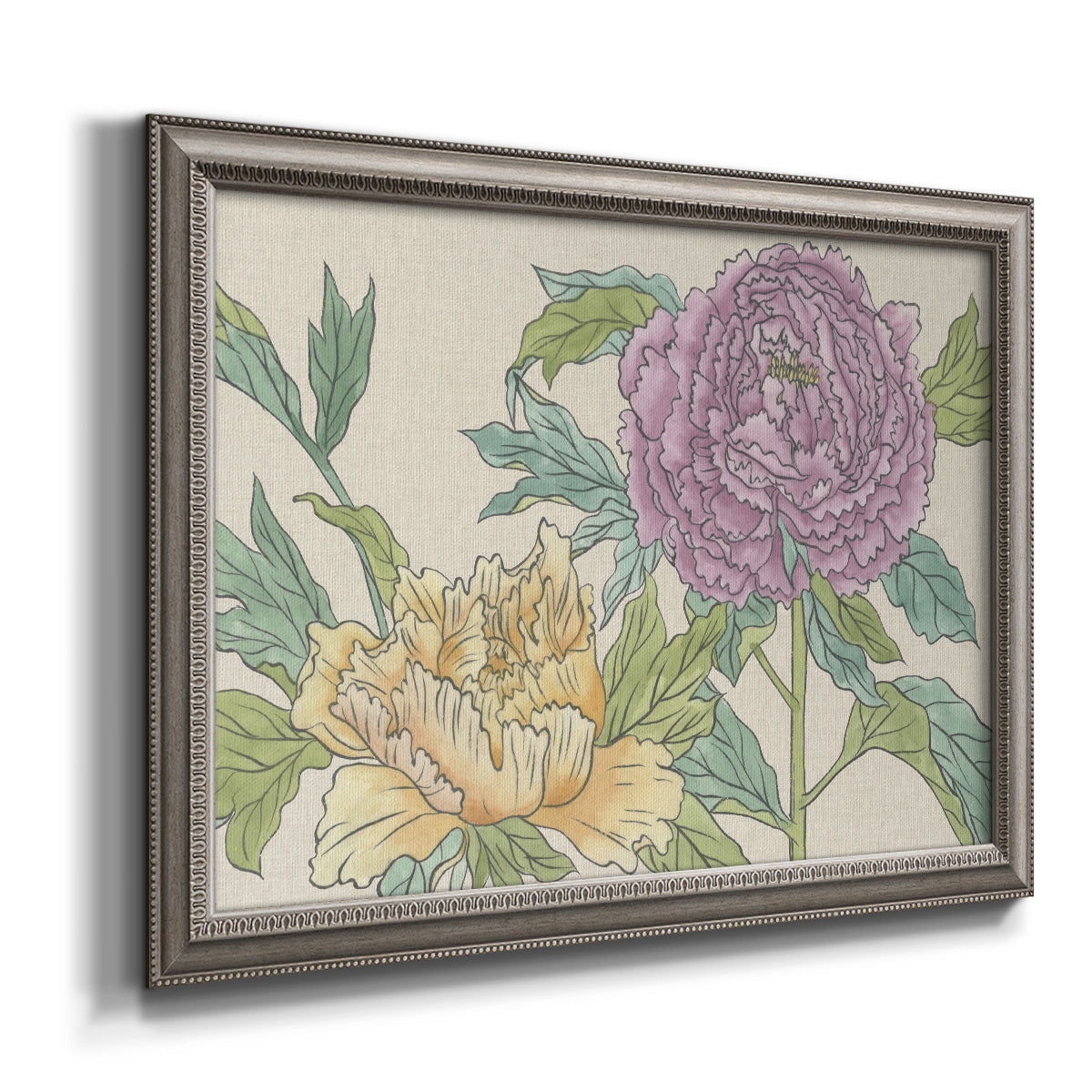 Contemporary peony flower illustration printed on canvas in an ornate vintage silver frame.