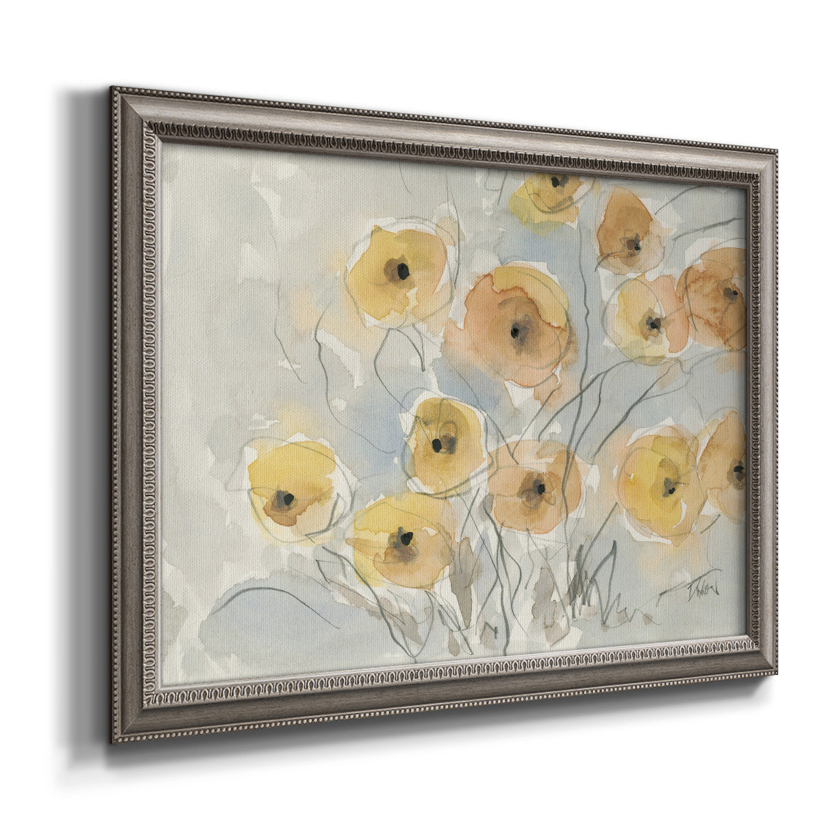 Minimalist poppy flower watercolor artwork printed on canvas in an ornate vintage silver frame.