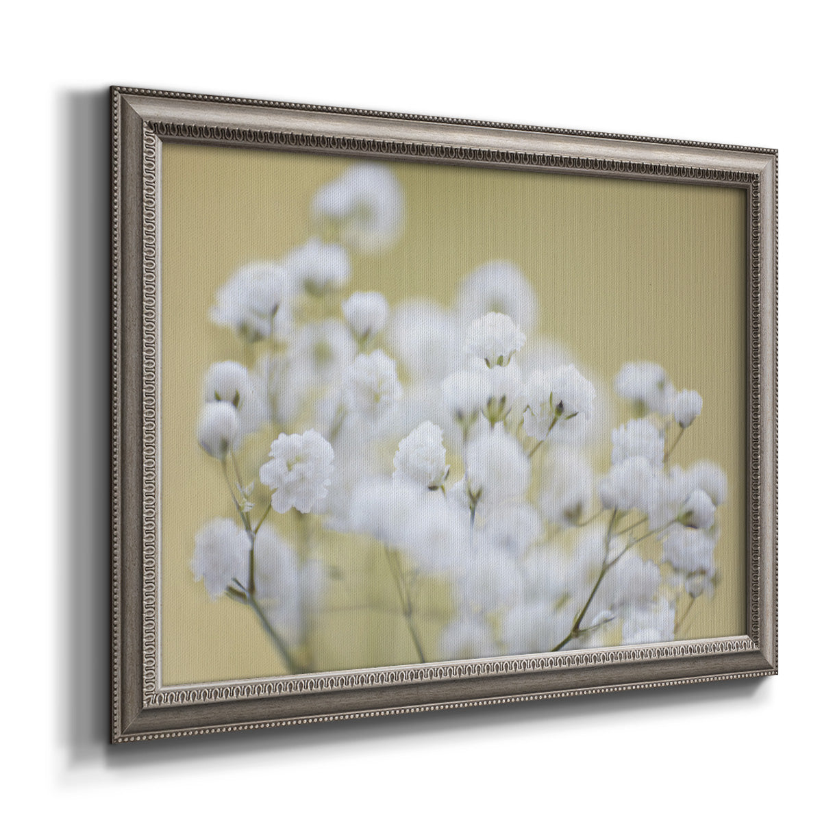 Minimal floral baby’s breath photography printed on canvas in an ornate vintage silver frame.