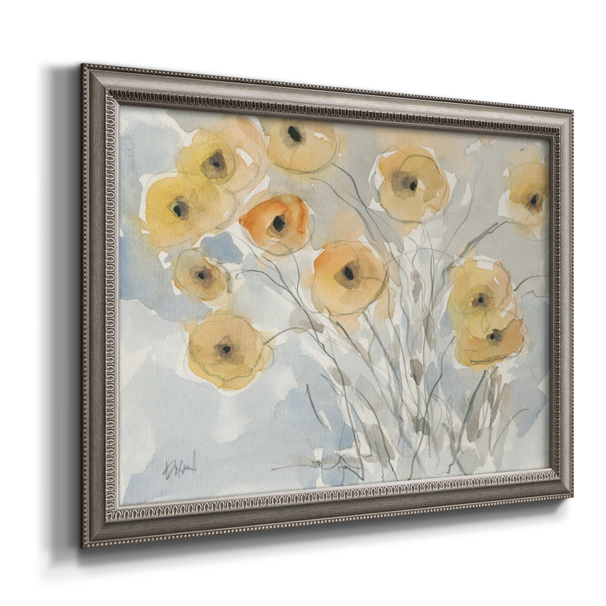 Impressionist poppy floral watercolor painting printed on canvas in an ornate vintage silver frame.