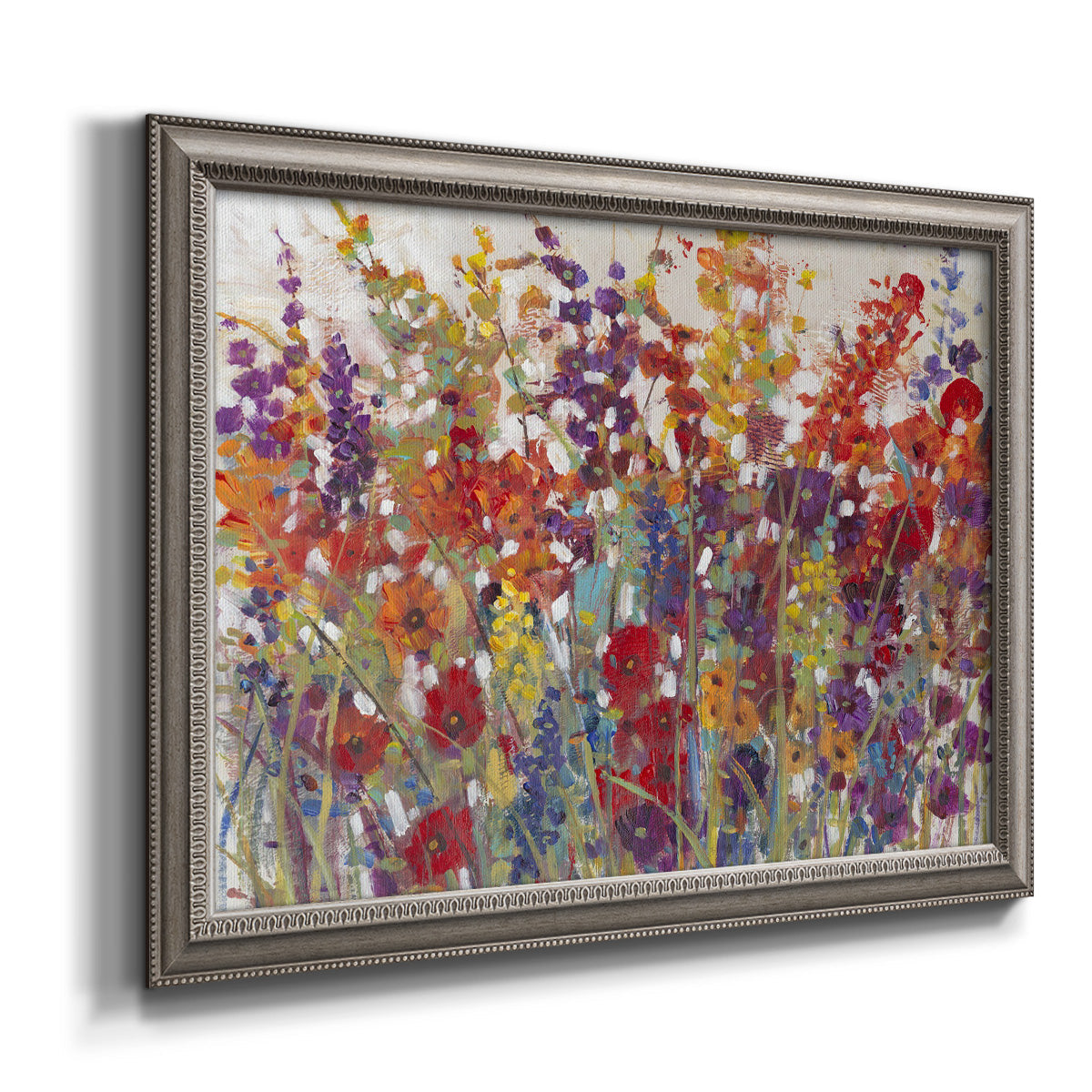 Impressionist floral bouquet artwork printed on canvas in an ornate vintage silver frame.