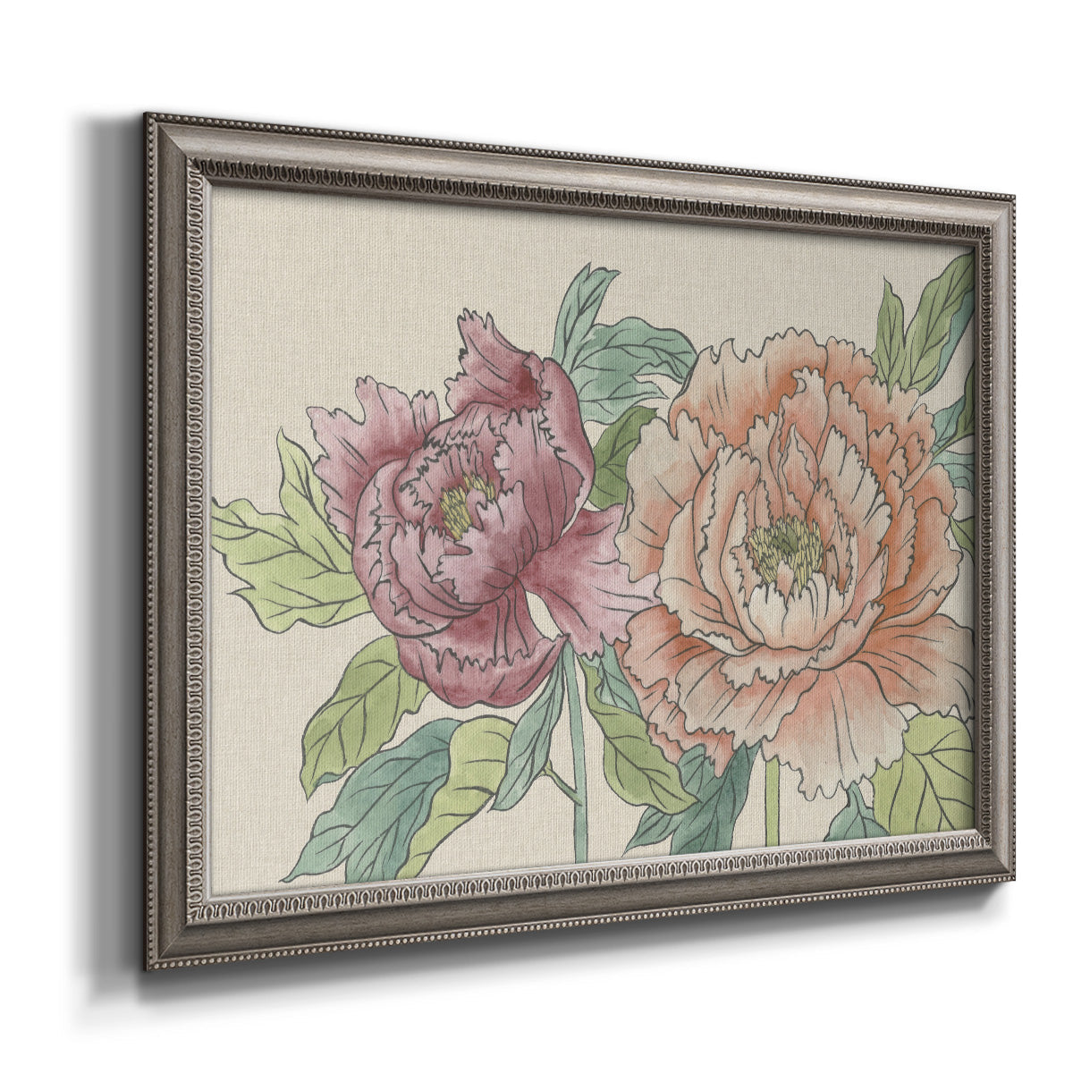 Modern peony floral drawing printed on canvas in an ornate vintage silver frame.