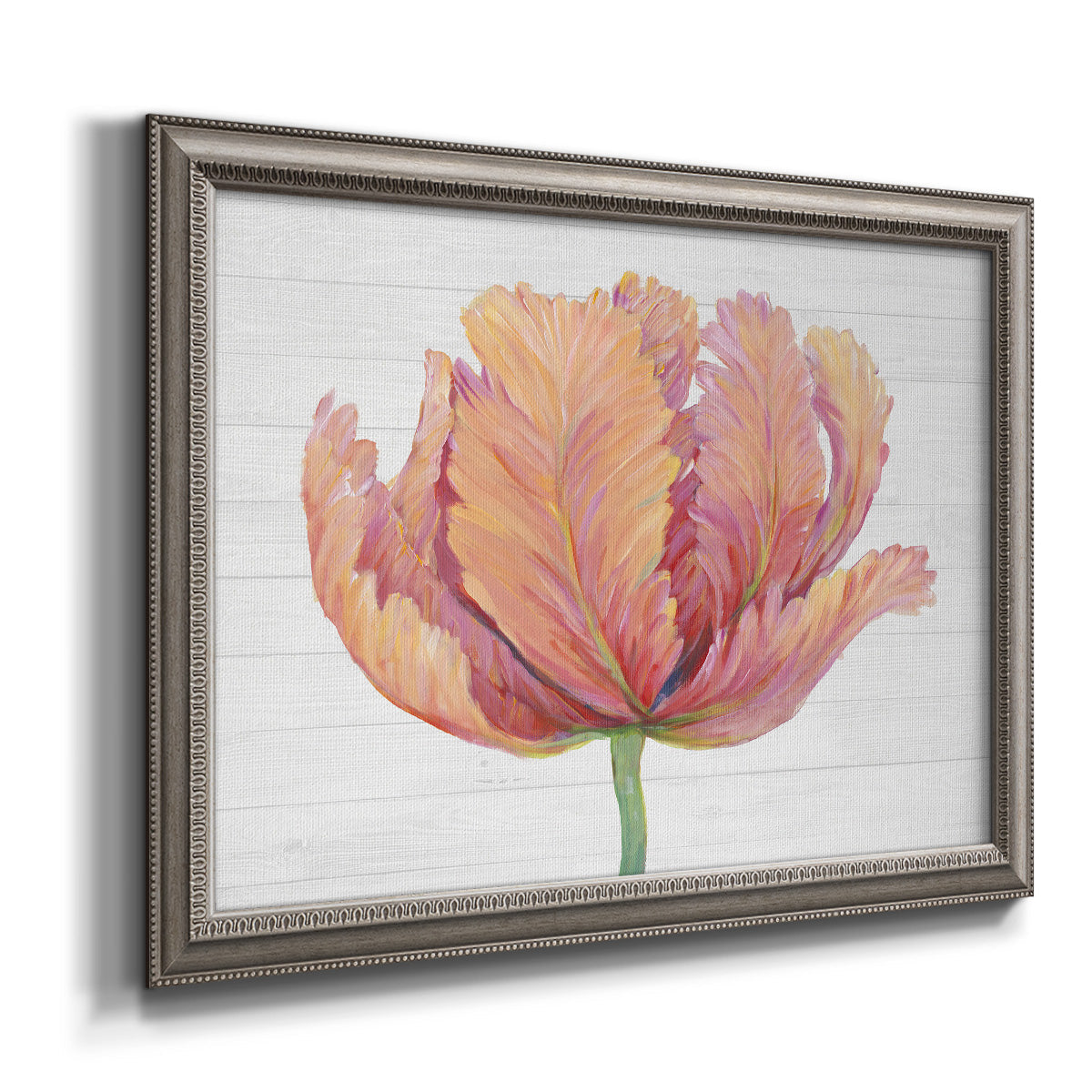 Minimalist pink flower abstract artwork printed on canvas in an ornate vintage silver frame.