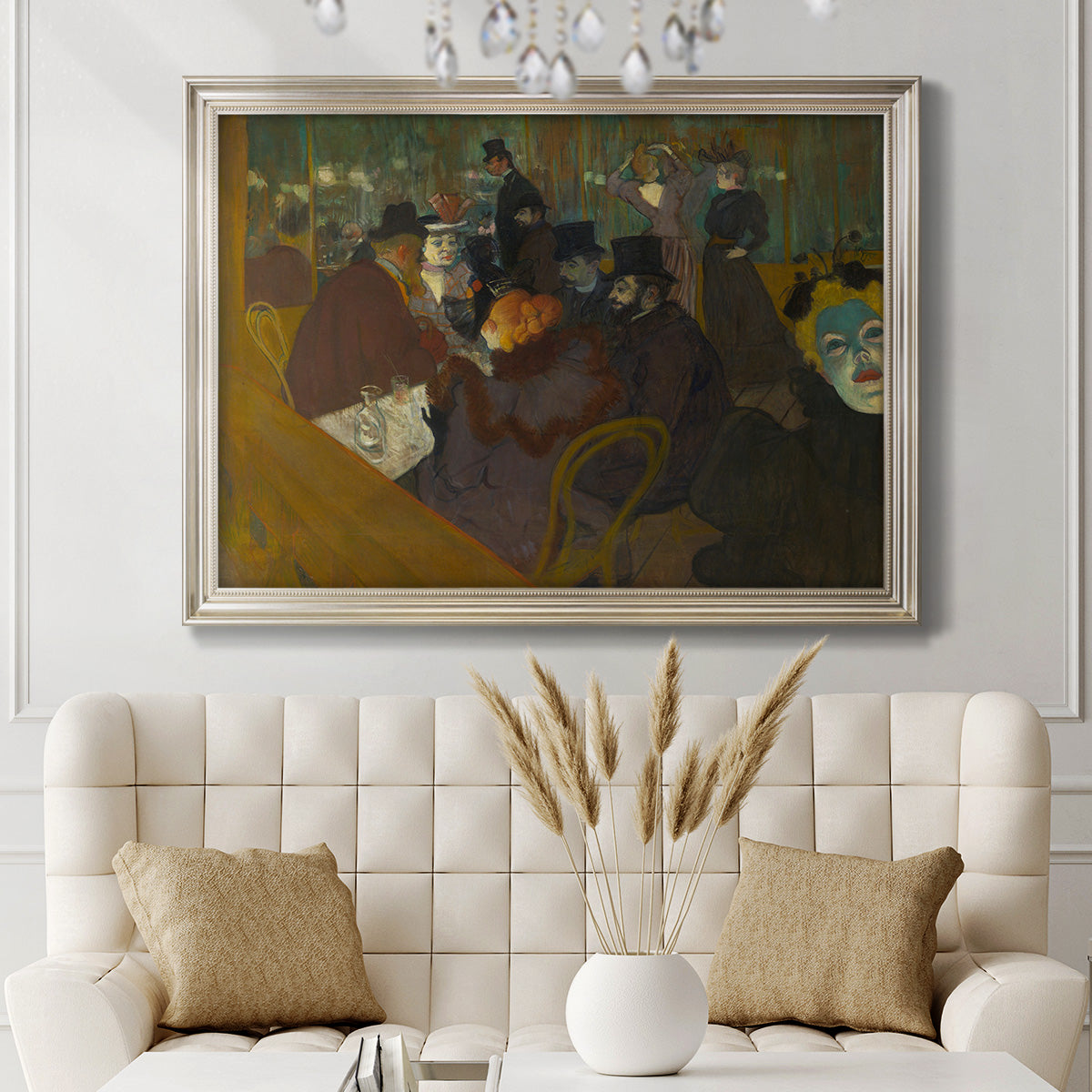 Impressionist cabaret interior scene by Henri de Toulouse-Lautrec printed on canvas in an ornate champagne frame.