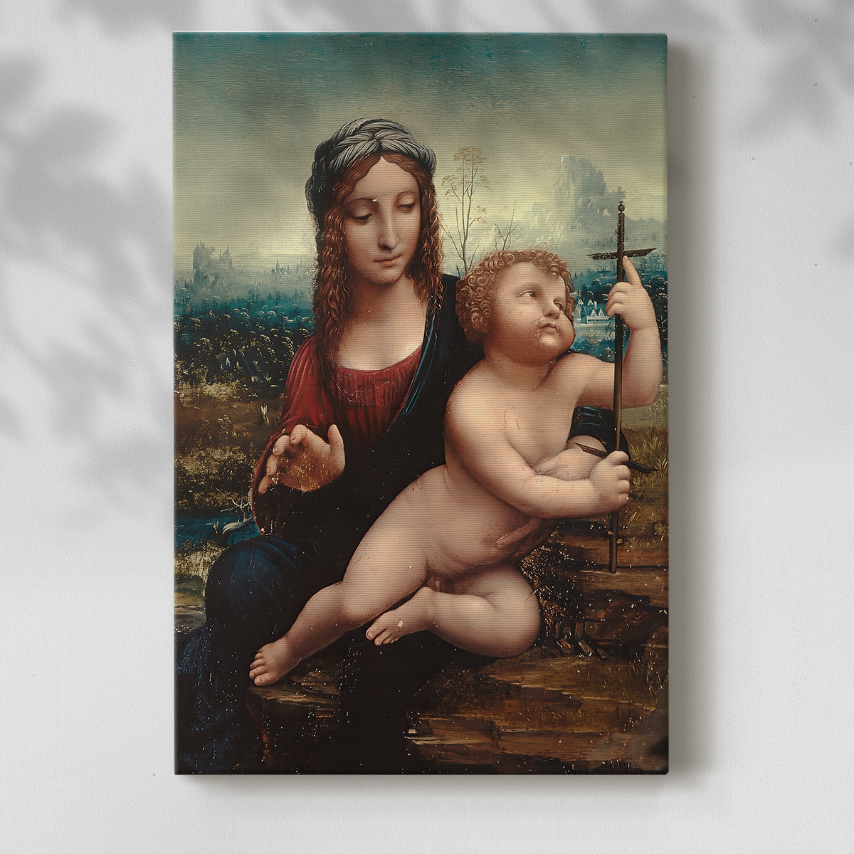 Canvas art print of a gentle composition with figures and landscape background with a soft shadow on a white background.