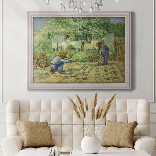 Impressionist family scene in a garden by Vincent van Gogh in an ornate weathered white frame displayed in a neutral-toned interior setting.