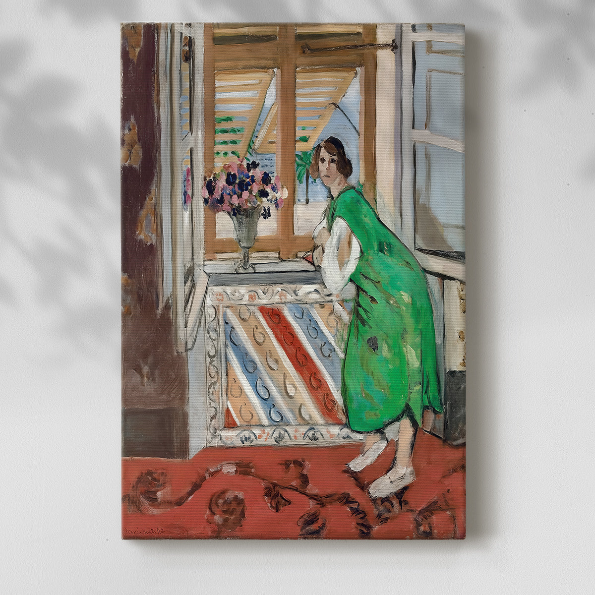 Canvas art print of a stylized figure with patterned surroundings and vivid color with a soft shadow on a white background.