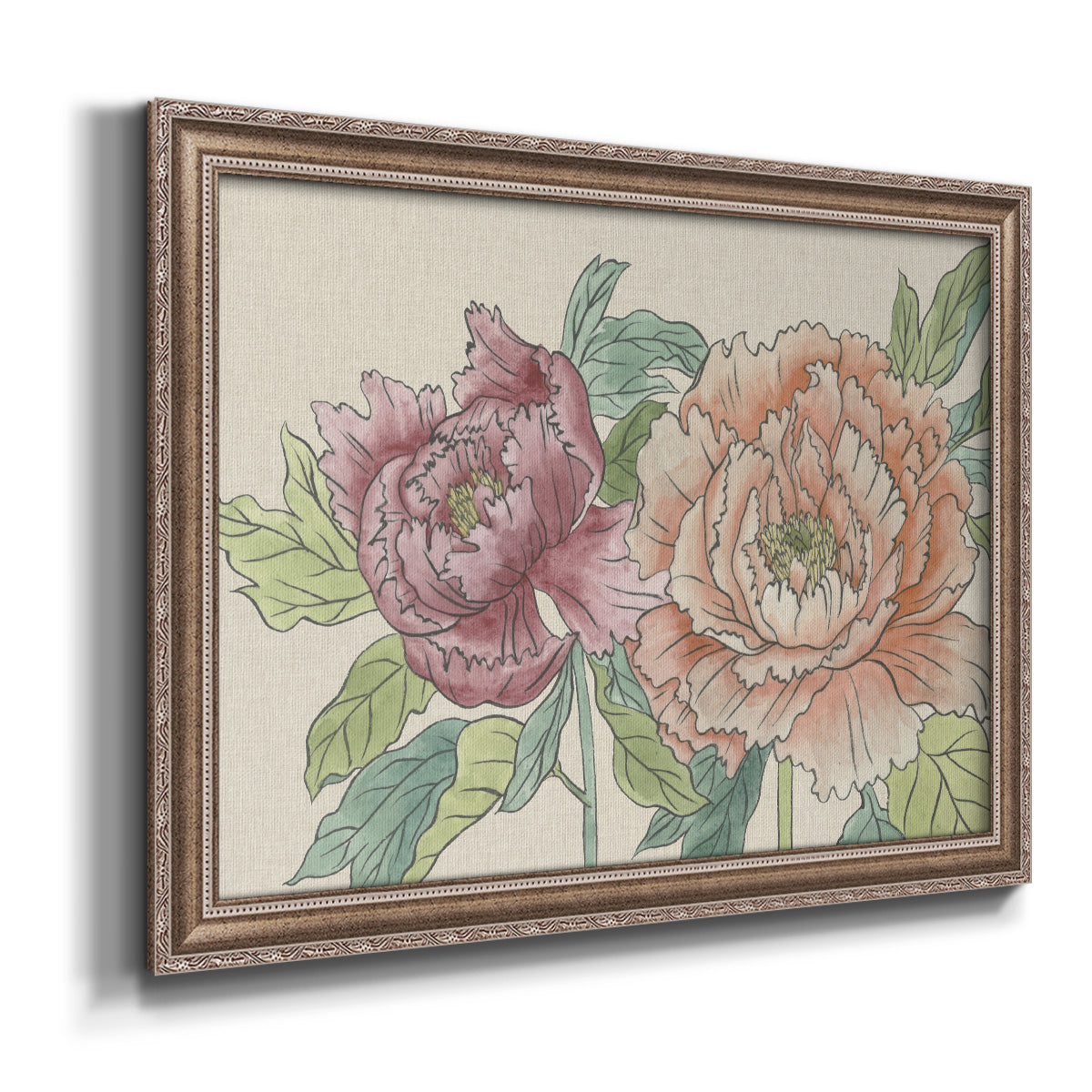 Modern peony floral drawing printed on canvas in an ornate traditional silver frame.