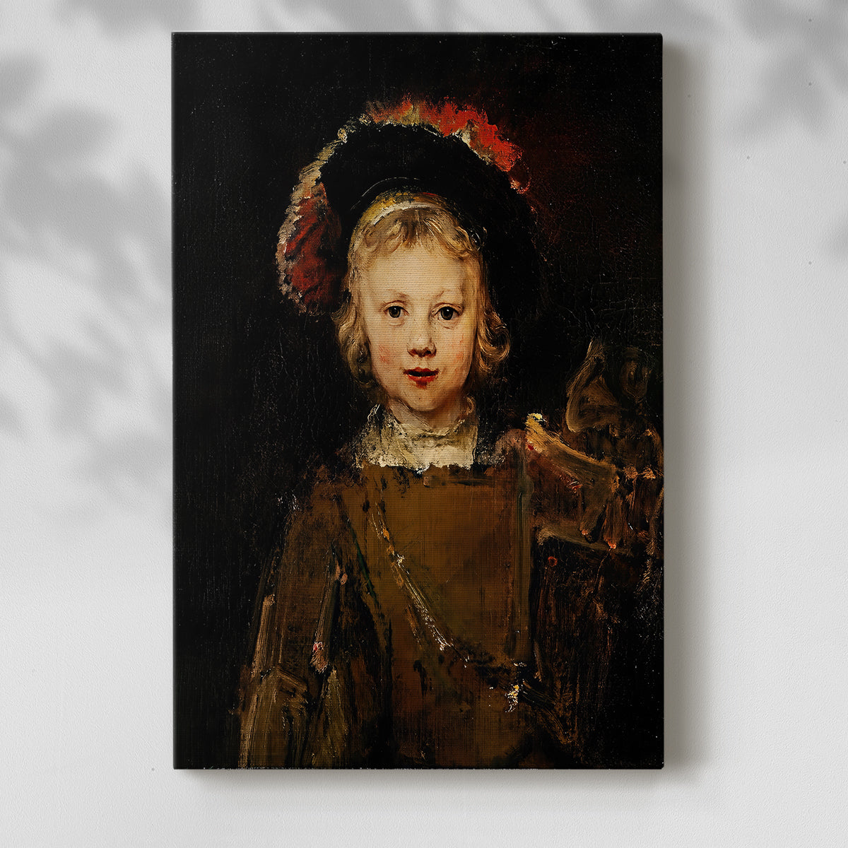 Canvas art print of a refined child figure with rich clothing and soft shadows with a soft shadow on a white background.