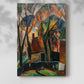Canvas art print of a stylized rural scene with vivid tones and geometric structure with a soft shadow on a white background.