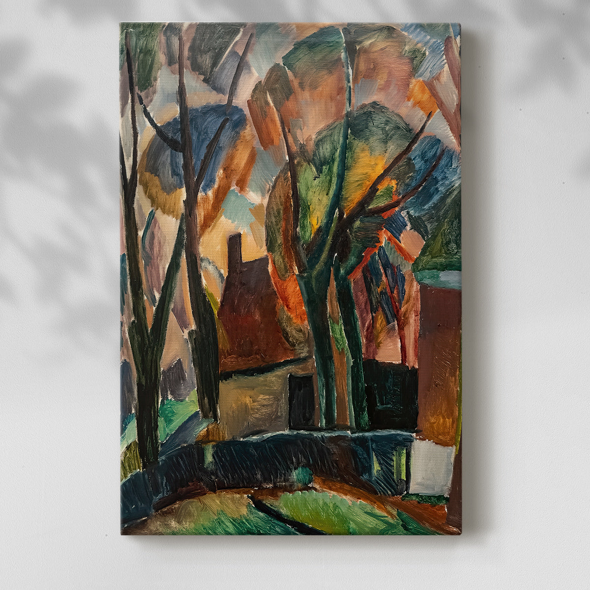 Canvas art print of a stylized rural scene with vivid tones and geometric structure with a soft shadow on a white background.
