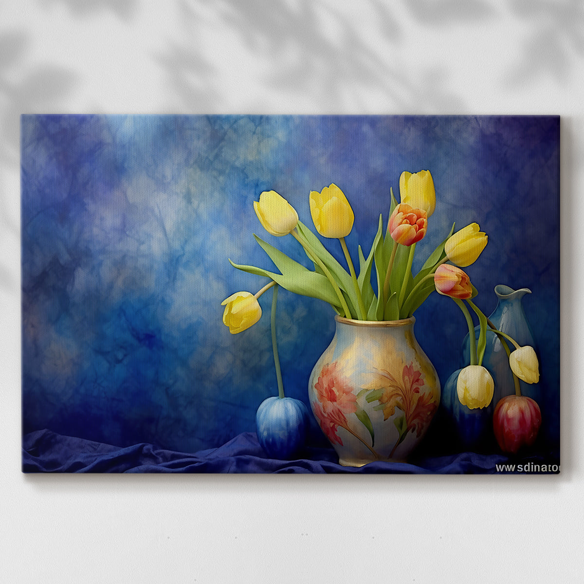 Colorful tulips in a decorative vase against a blue abstract background showcasing the beauty of spring flowers