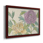 Contemporary peony flower illustration printed on canvas in an ornate cherry burl wood frame.