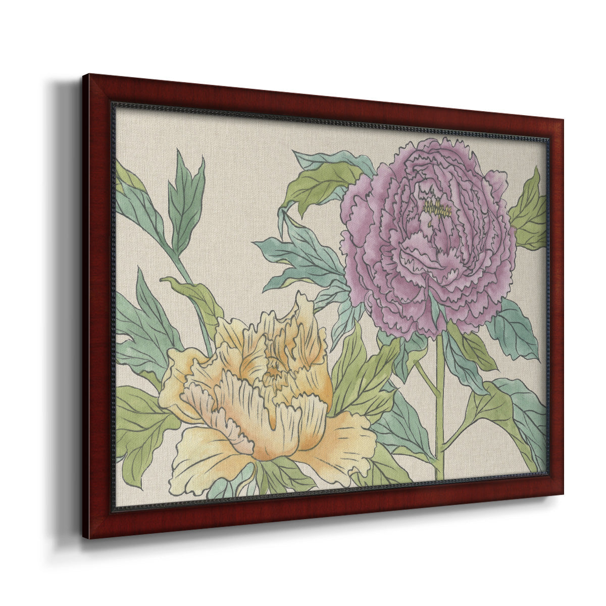 Contemporary peony flower illustration printed on canvas in an ornate cherry burl wood frame.