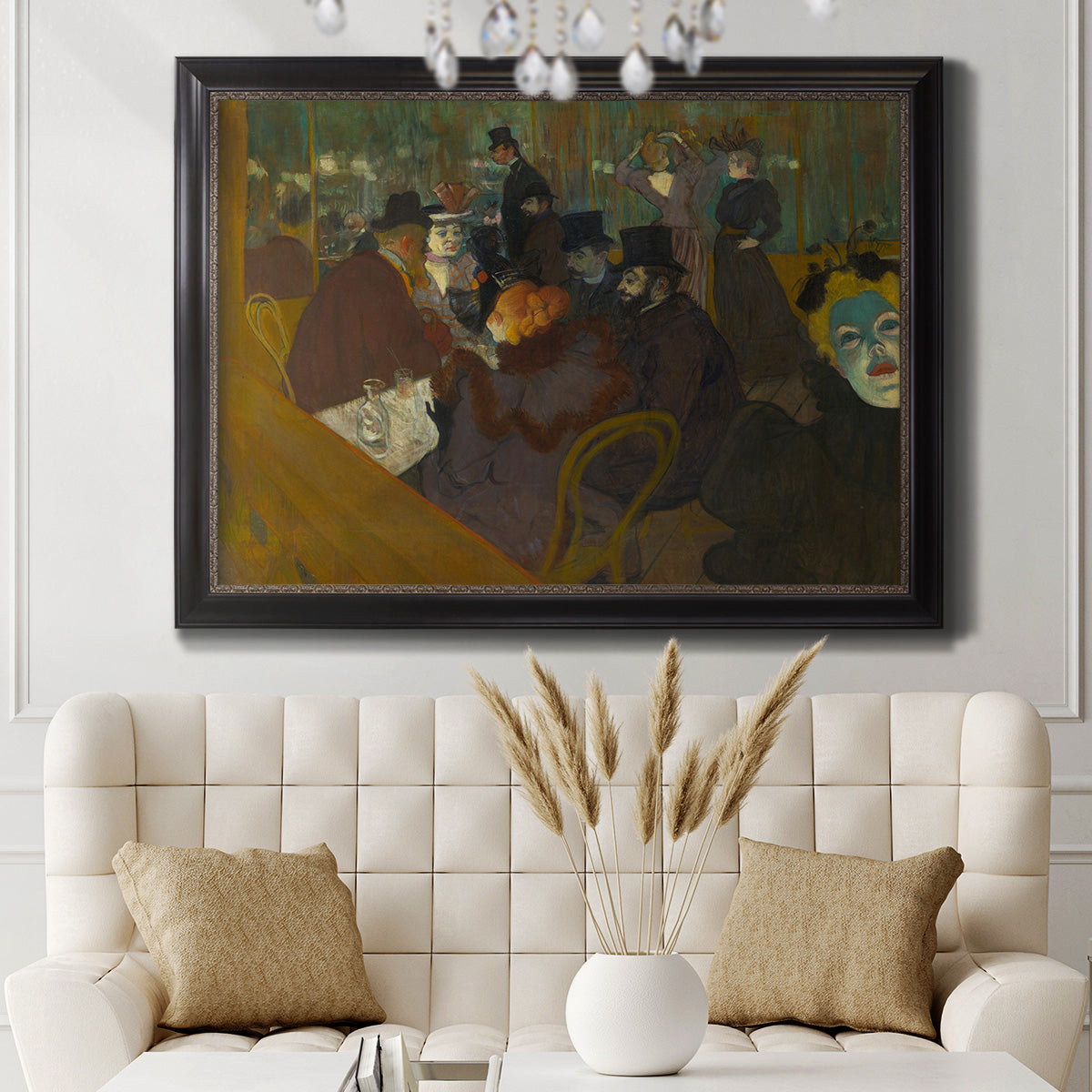 Impressionist cabaret interior scene by Henri de Toulouse-Lautrec in an ornate black frame with gilded inner detail displayed in a neutral-toned interior setting.