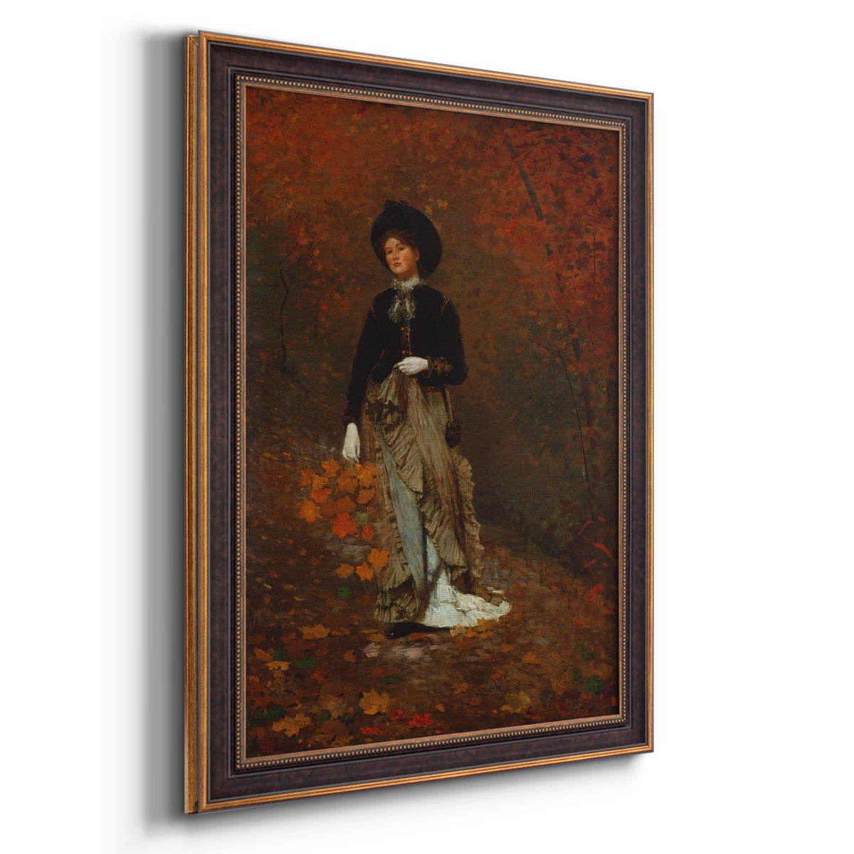 Realist autumn portrait scene by Winslow Homer printed on canvas in an ornate bronzed mahogany wood frame with a vertical orientation.