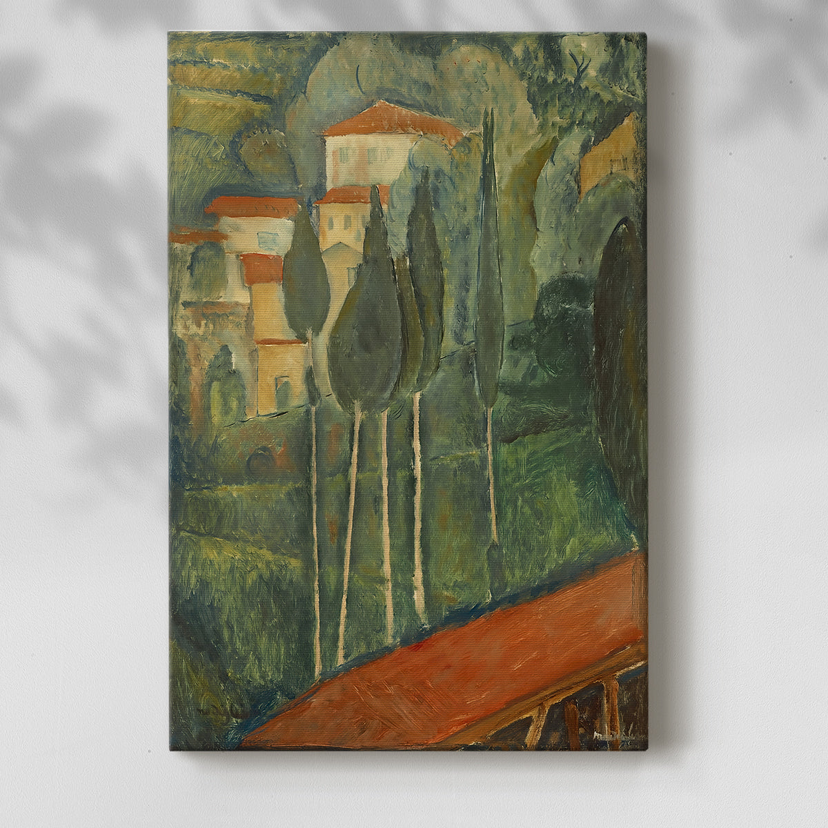 Canvas art print of a vivid landscape with angular shapes and strong contrasting tones with a soft shadow on a white background.