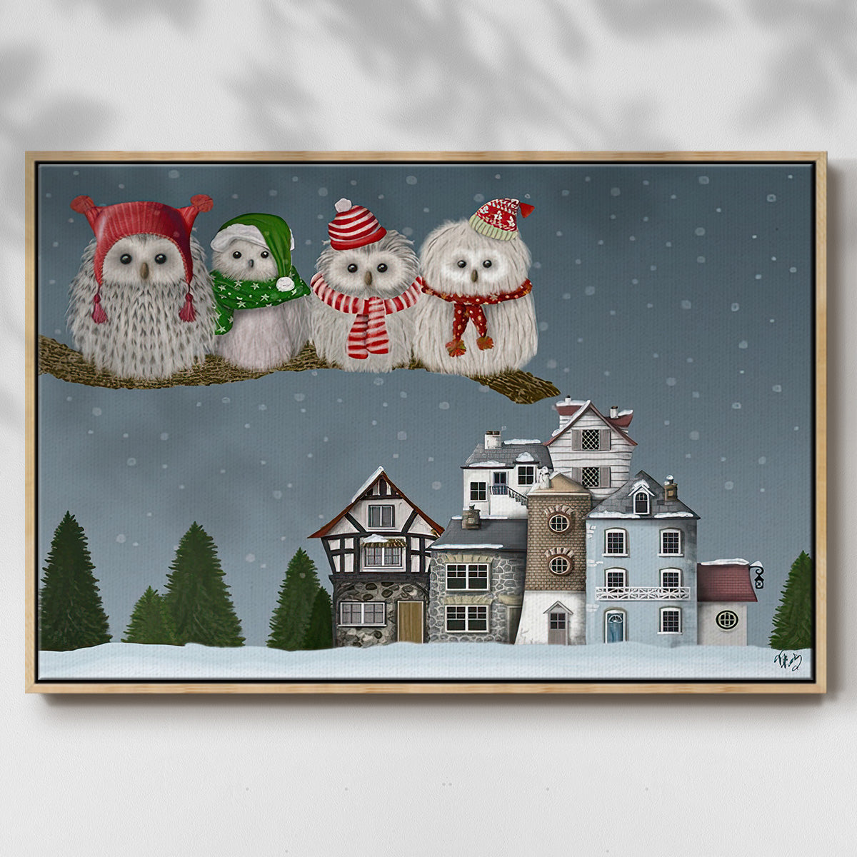 Christmas Christmas Owl Village - Framed Gallery Wrapped Canvas in Floating Frame