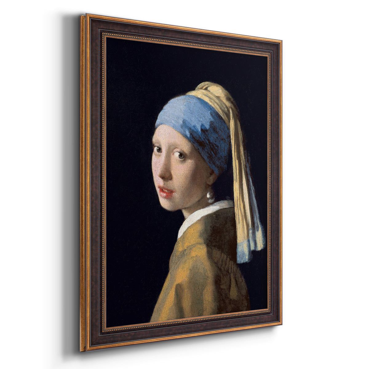 Iconic portrait of a girl wearing a pearl earring by Johannes Vermeer printed on canvas in an ornate bronzed mahogany wood frame with a vertical orientation.