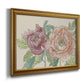 Modern peony floral drawing printed on canvas in an ornate traditional gold frame.
