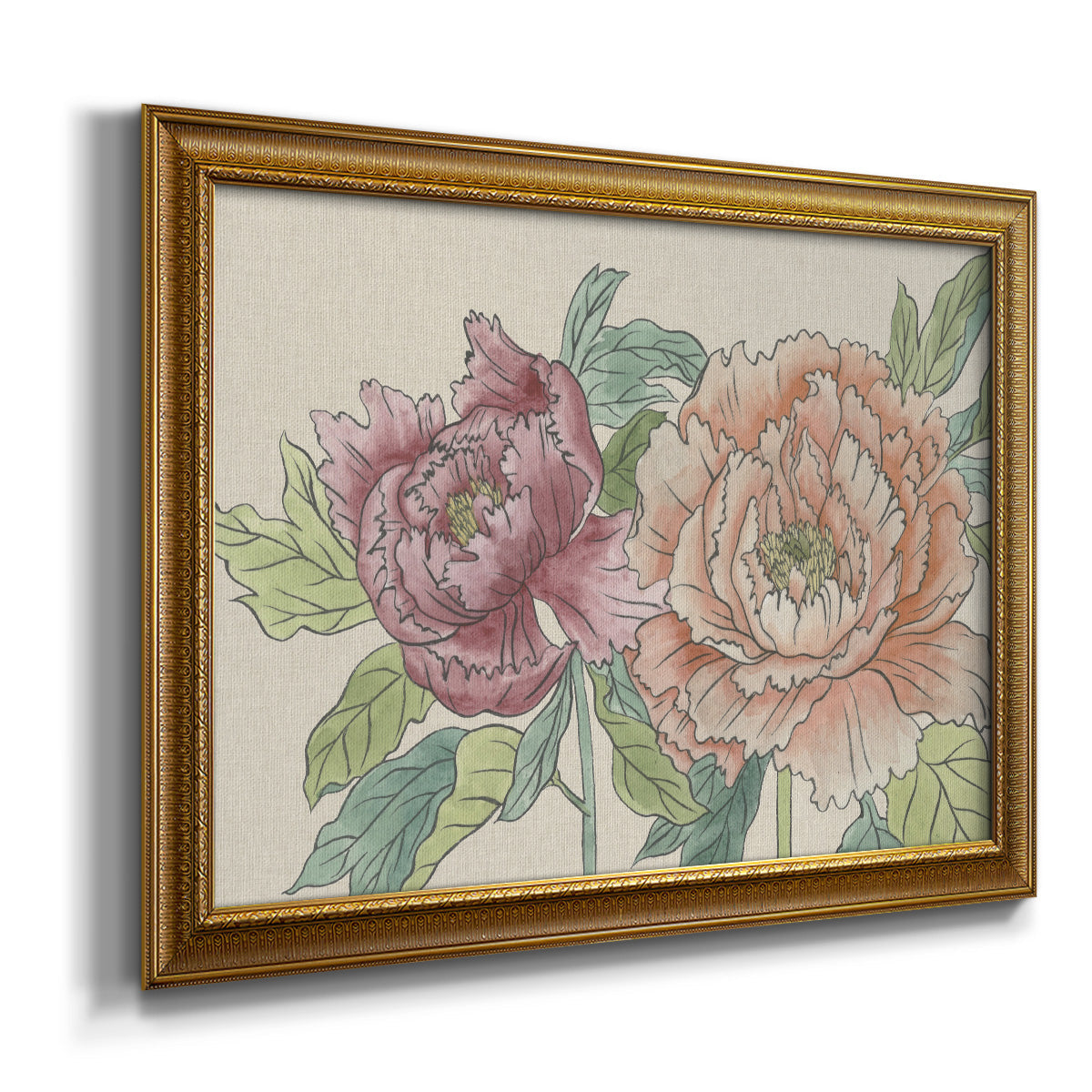 Modern peony floral drawing printed on canvas in an ornate traditional gold frame.