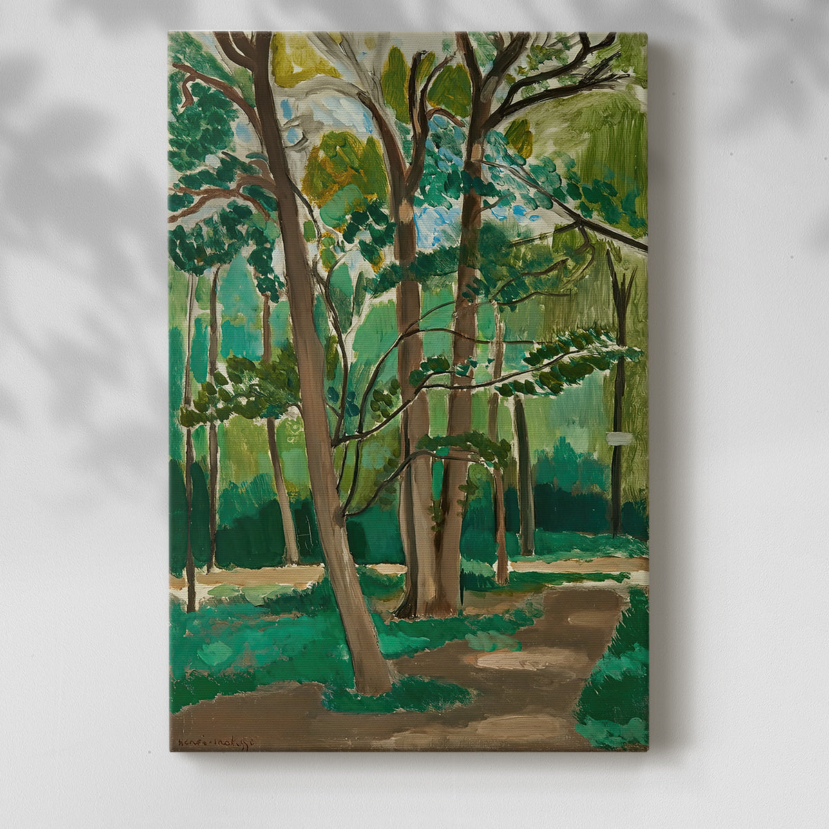 Canvas art print of a stylized outdoor scene with bold color and simple forms with a soft shadow on a white background.