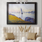 Impressionist coastal harbor at dusk by Paul Signac in an ornate black frame with gilded inner detail displayed in a neutral-toned interior setting.