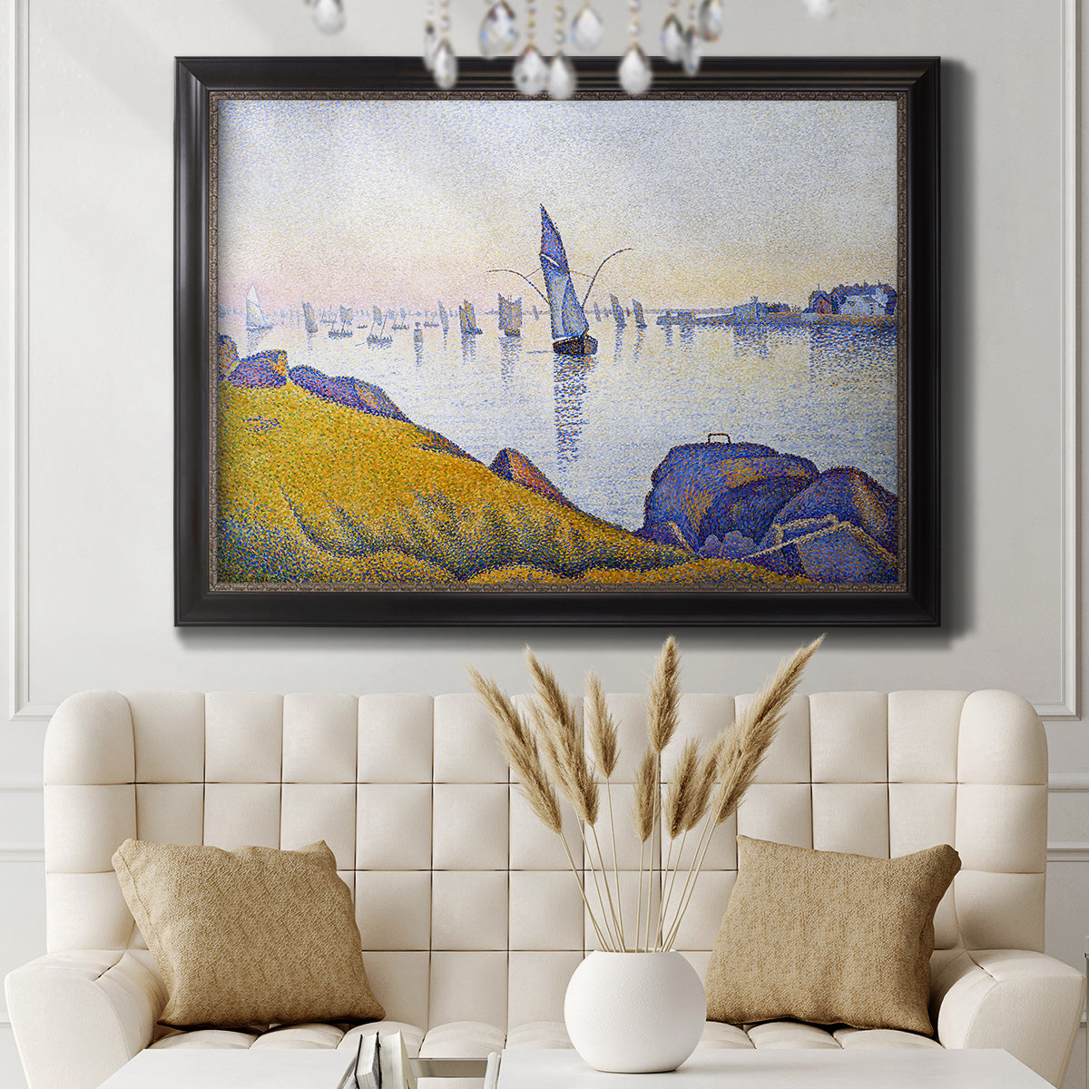 Impressionist coastal harbor at dusk by Paul Signac in an ornate black frame with gilded inner detail displayed in a neutral-toned interior setting.