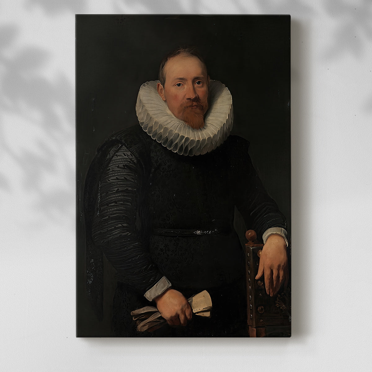 Canvas art print of a formal portrait of a man with elegant clothing and subtle shadows with a soft shadow on a white background.