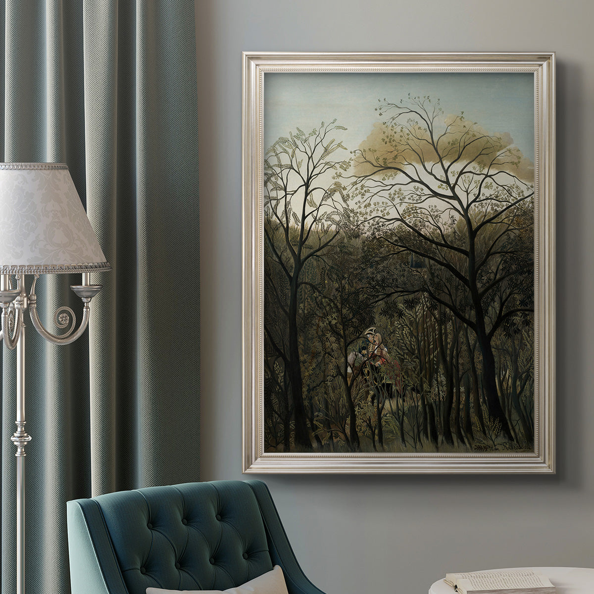 Dreamlike forest landscape scene by Henri Rousseau in an ornate champagne frame displayed in a neutral interior setting.