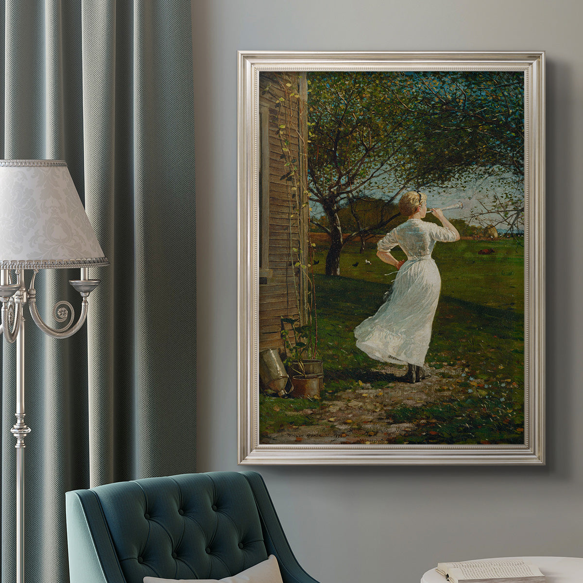 Narrative religious genre scene by Winslow Homer in an ornate champagne frame displayed in a neutral interior setting.