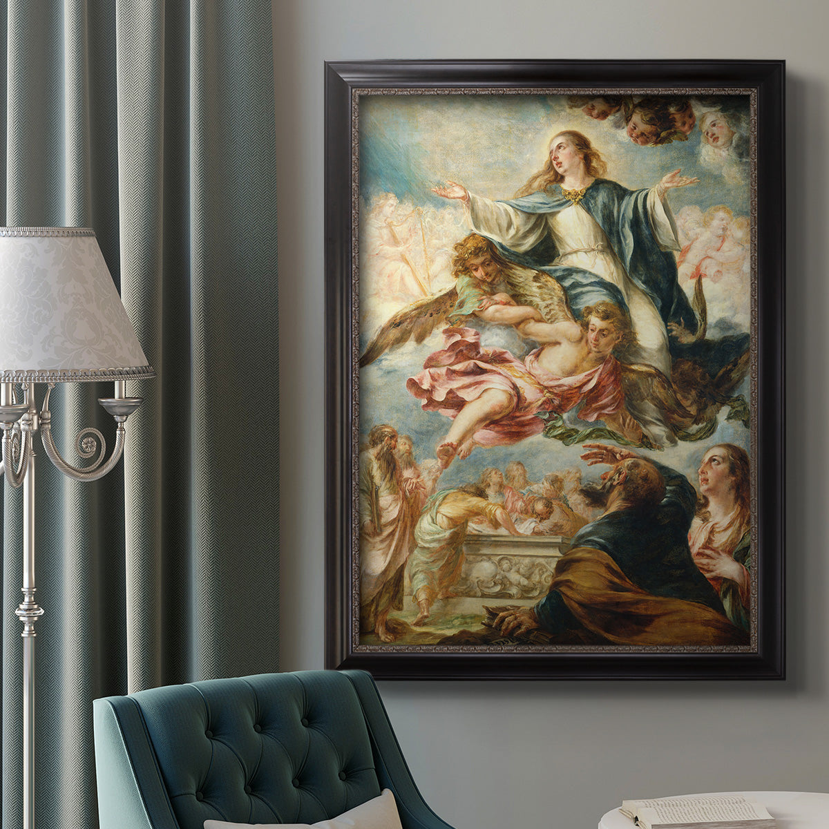 Religious painting of the Assumption of the Virgin Mary by Juan de Valdés Leal in an ornate black frame with gilded inner detail displayed in a neutral interior setting.