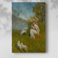 Canvas art print of a female figure and lambs in a forest clearing with greenery and warm tones with a soft shadow on a white background.