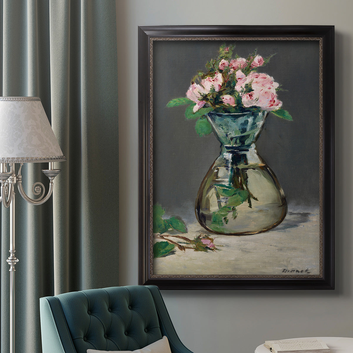 Moss Roses in a Vase - Ornate Framed Canvas Print