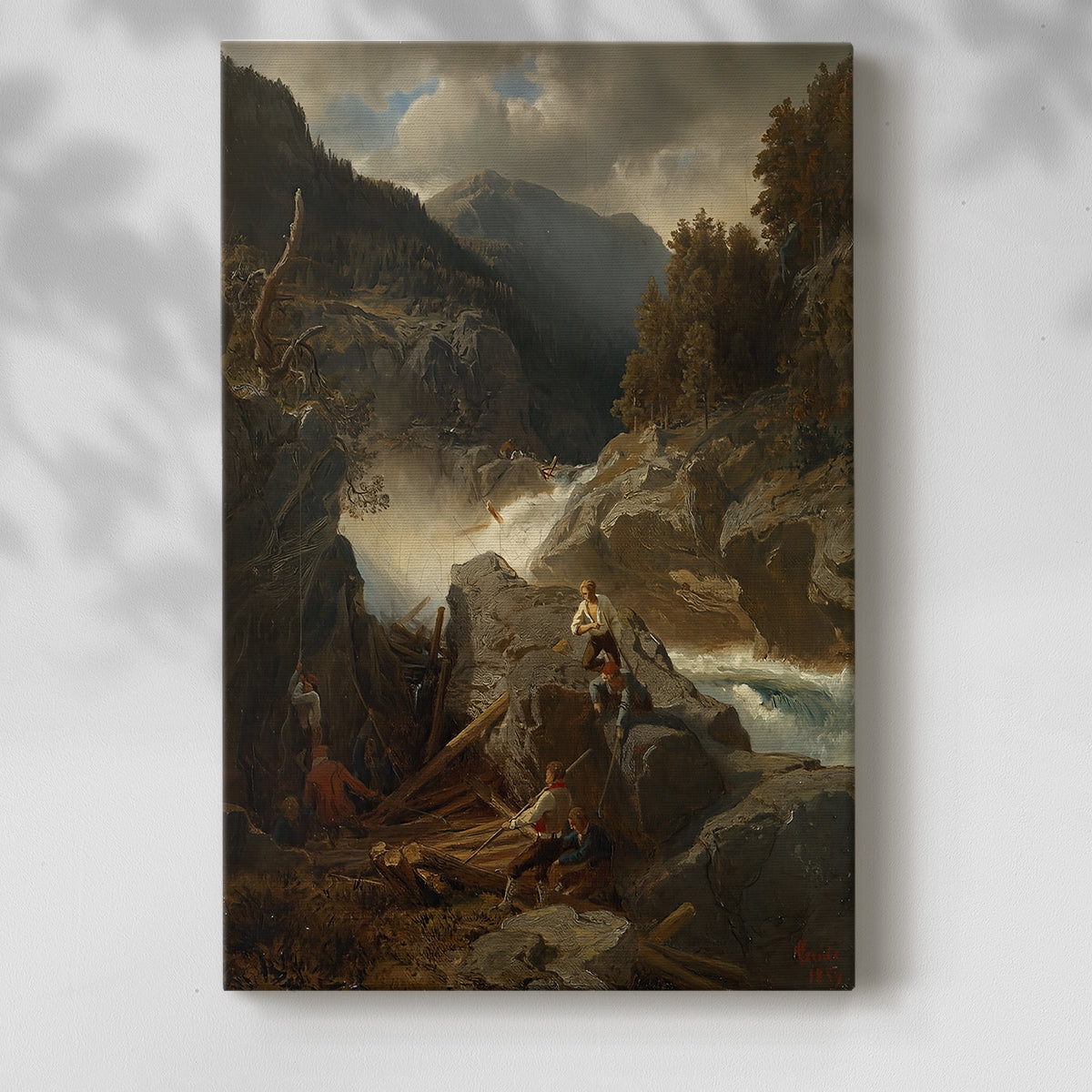Canvas art print of a dramatic natural scene with rushing water and rocky forms with a soft shadow on a white background.