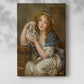 Canvas art print of a calm figure with birds and delicate shading with a soft shadow on a white background.
