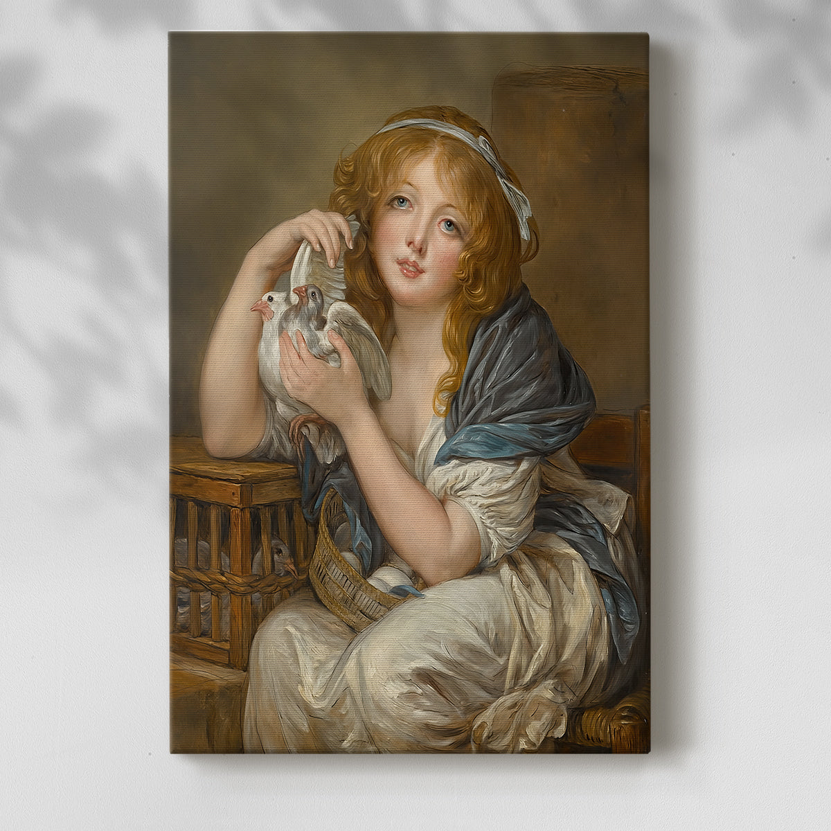 Canvas art print of a calm figure with birds and delicate shading with a soft shadow on a white background.
