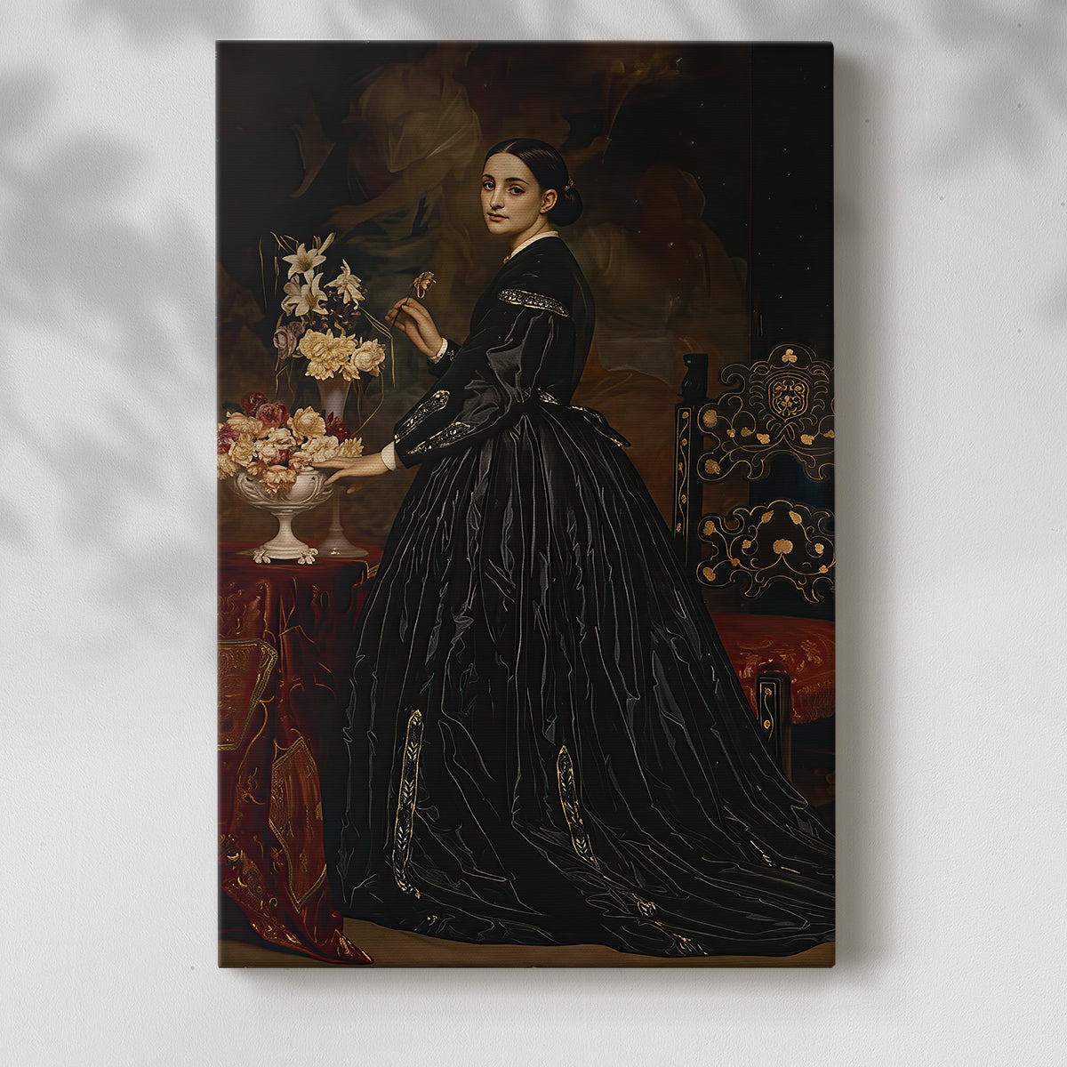 Canvas art print of a composed female figure with elegant dress and subtle tones with a soft shadow on a white background.