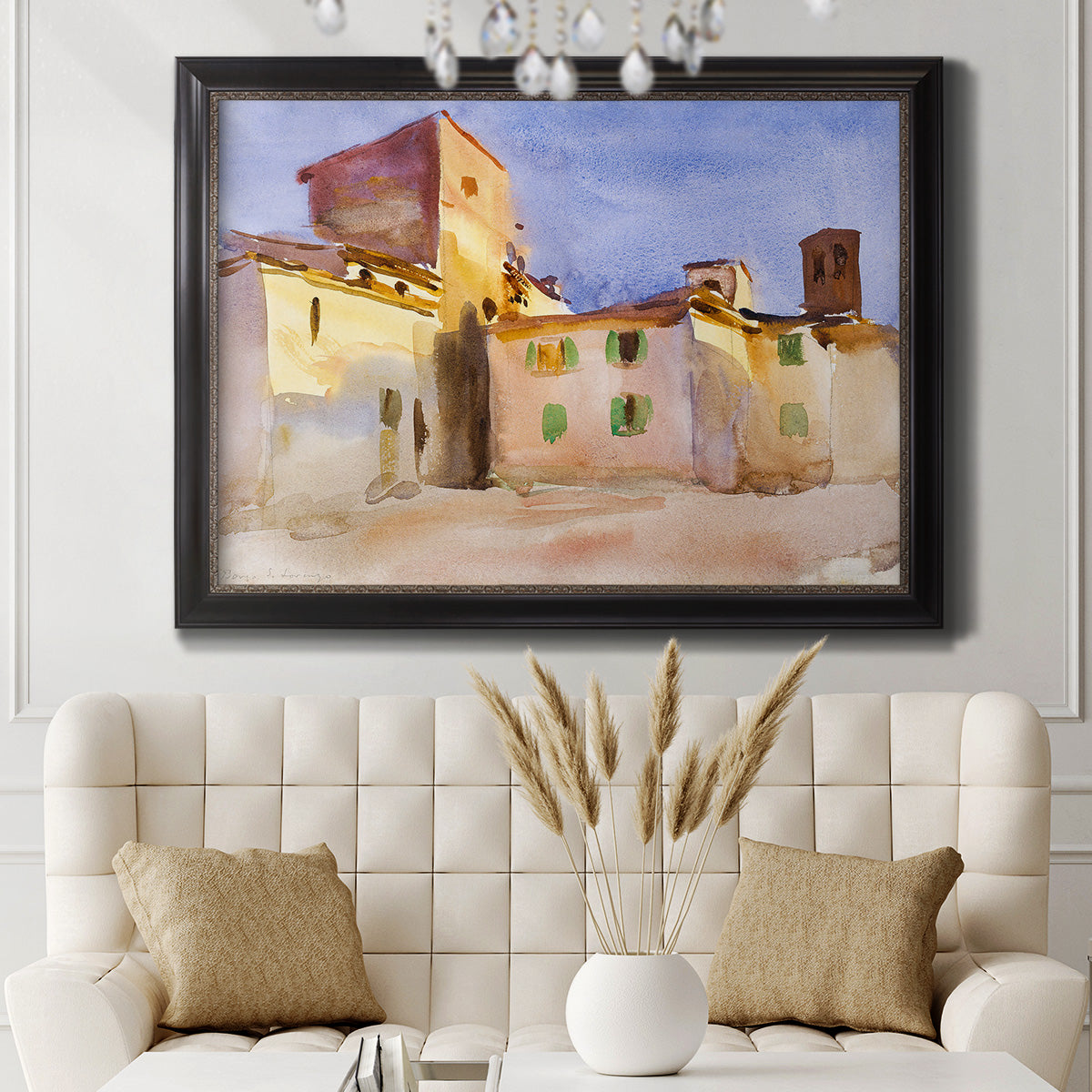 Impressionist Italian village scene by John Singer Sargent in an ornate black frame with gilded inner detail displayed in a neutral-toned interior setting.