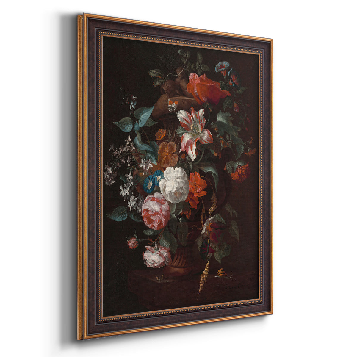 Classical floral still life painting by Jan van Huysum printed on canvas in an ornate bronzed mahogany wood frame with a vertical orientation.